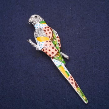 Brosche Papagei mit Tupfen, Emaille und Strass – Farben weiß, blau, grün und rosa, 90 × 25 mm, silberfarbenes Metall