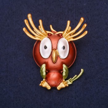 Brosche Eule 'Guten Morgen' mit Emaille und Strasssteinen, Farben Gelb, Braun, Grün und Weiß, 47 × 38 mm, goldfarbenes Metall