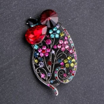 Blattbrosche mit bunten Strasssteinen und rotem Kristall, 65 × 35 mm, graues Metall