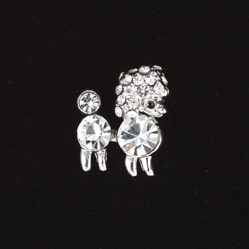 Mini-Pudel-Brosche, königlicher Pudel, mit Strasssteinen, Metallfarbe Silber, 1,5 cm