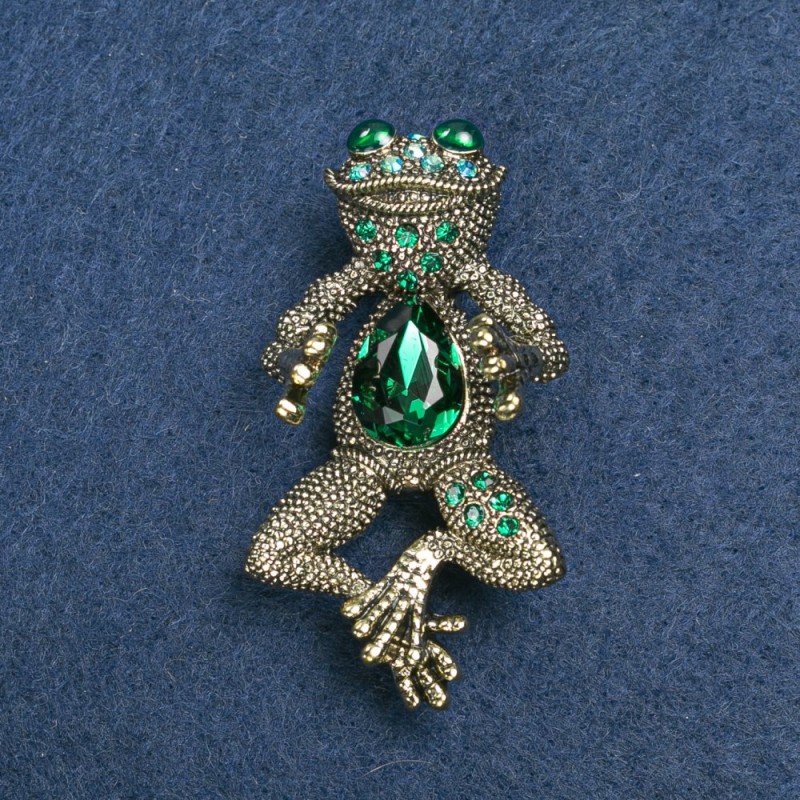 Froschbrosche aus goldfarbenem Metall, grüne und petrolfarbene Strasssteine 36 × 12 mm +