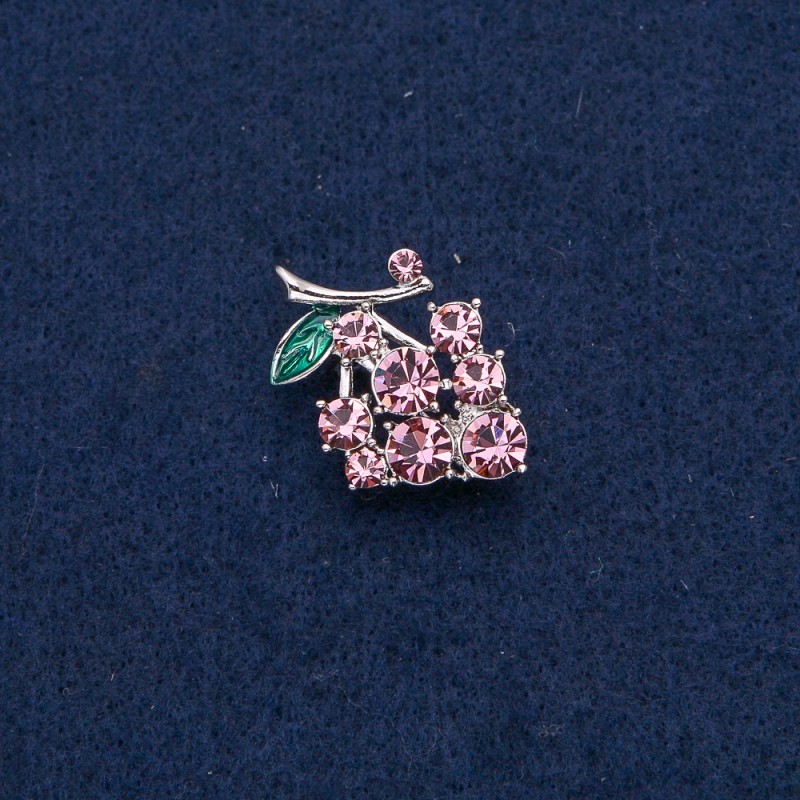 Brosche-Anhänger Weintrauben, silberfarbenes Metall mit rosa Steinen 29 × 20 mm +