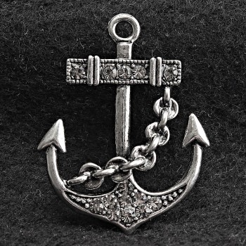 Anstecknadel 'Anker' aus silberfarbenem Metall und Strasssteinen, 40×30 mm +