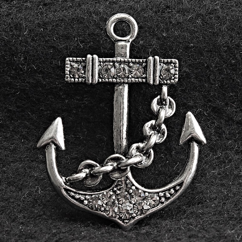 Anstecknadel 'Anker' aus silberfarbenem Metall und Strasssteinen, 40×30 mm +