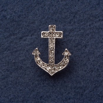 Brosche Anker 2, 8 × 2 cm, aus grauem Metall mit Strasssteinen