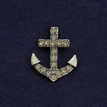 Brosche mit Drehverschluss „Anker“ 2 cm aus grauem Metall Strasssteine