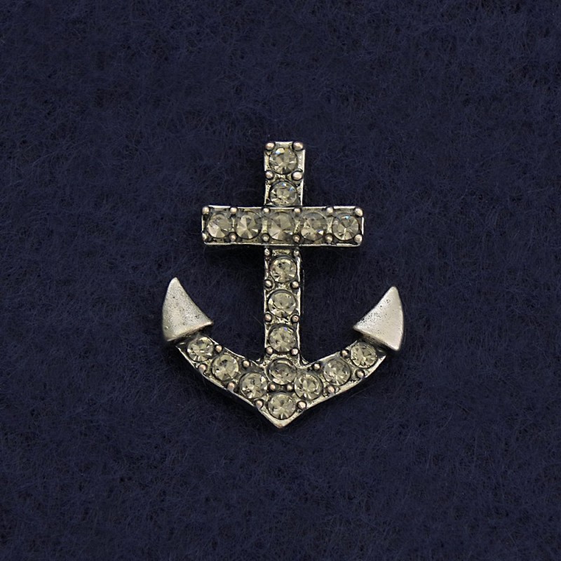 Brosche mit Drehverschluss „Anker“ 2 cm aus grauem Metall Strasssteine