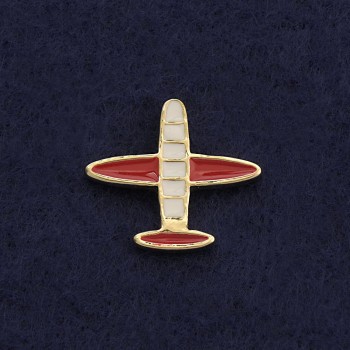 Brosche mit Schraubverschluss „Flugzeug“ 2 cm, weiß-rote Emaille, Gelbmetall