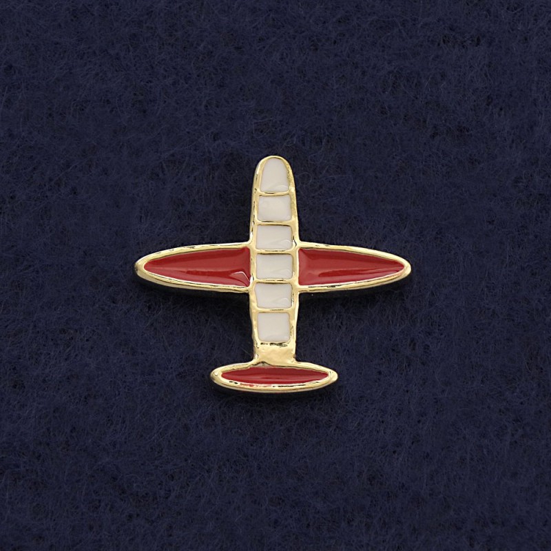 Brosche mit Schraubverschluss „Flugzeug“ 2 cm, weiß-rote Emaille, Gelbmetall