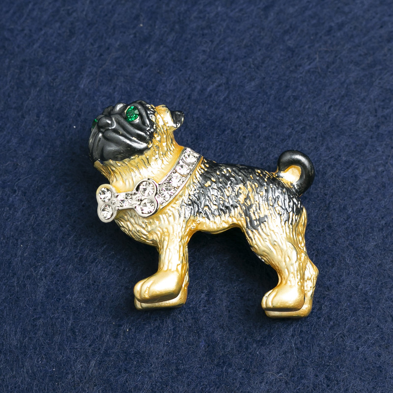 Brosche Bulldogge, silberfarbenes Metall, Strasssteine und Emaille, 35 × 42 mm +