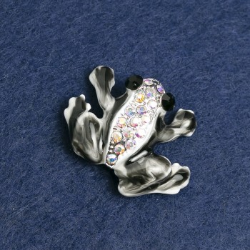 Brosche Frosch aus silberfarbenem Metall, Strasssteine und Emaille 28×35 mm +