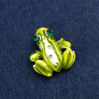 Brosche 'Frosch' aus goldfarbenem Metall, Strasssteine und Emaille 28×30 mm +
