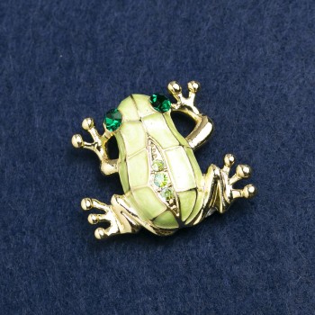Brosche 'Frosch' aus goldfarbenem Metall, Strasssteinen und Emaille, 35 × 30 mm +