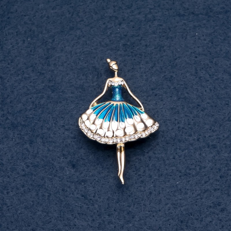 Brosche 'Ballerina' blau emailliert 30×50 mm Metallfarbe Gold
