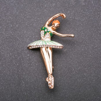 Brosche Ballerina grüne Emaille, gelbes Metall, 52×34 mm