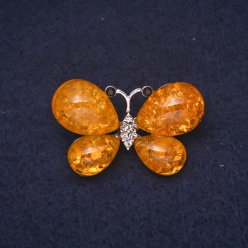 Bernsteinfarbene Brosche Schmetterling (künstlich) 38×24 mm – Gelb, silberfarbenes Metall