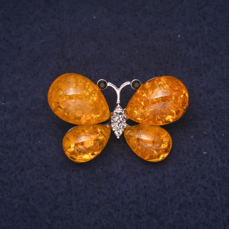Bernsteinfarbene Brosche Schmetterling (künstlich) 38×24 mm – Gelb, silberfarbenes Metall