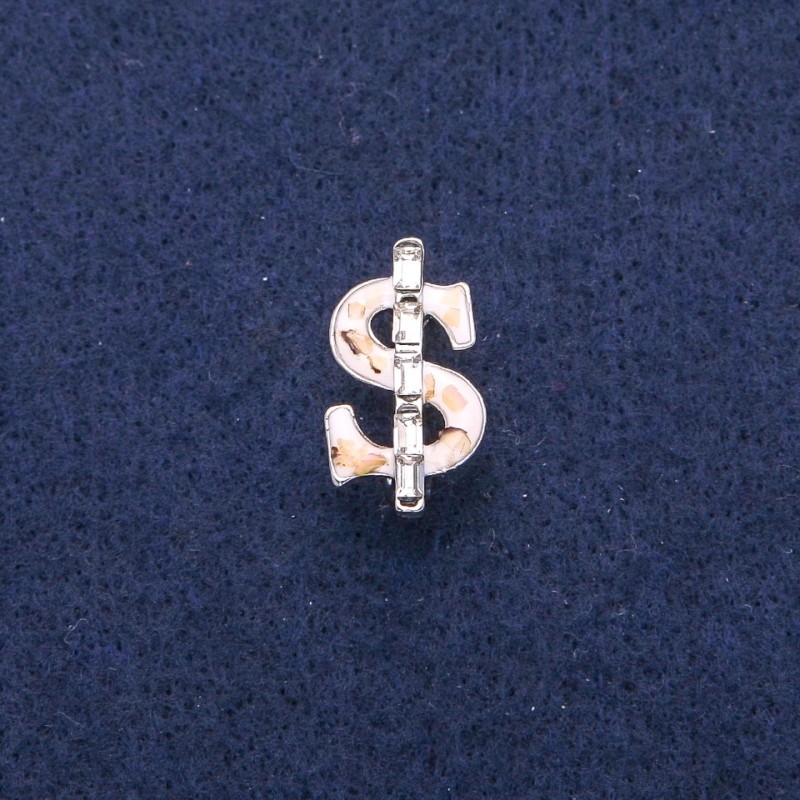 Dollar-Brosche mit weißer Emaille und Haliotis-Perlmutt, weiße Kristalle, silberfarbenes Metall 12×21 mm