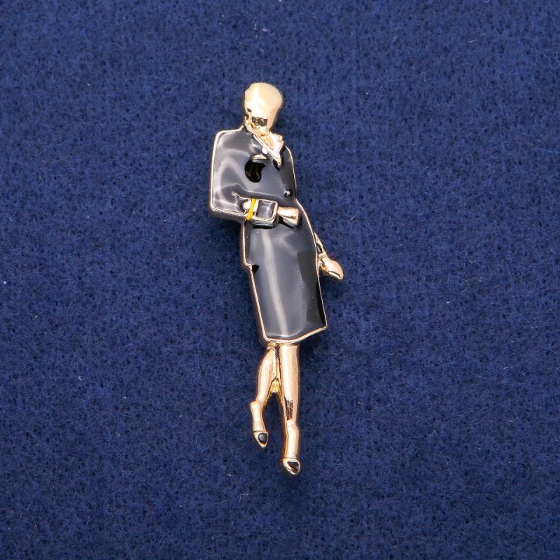 Brosche/Pendant „Lady“ mit Emaille, 18 × 60 mm, goldfarbenes Metall