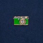 Brosche Fotoapparat aus goldfarbenem Metall mit grünem Emaille und weißen Steinen 30×17 mm +