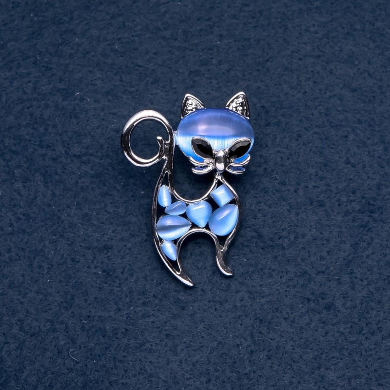 Brosche 'Kätzchen' blaues Katzenauge, Metallfarbe Silber, 30×45 mm