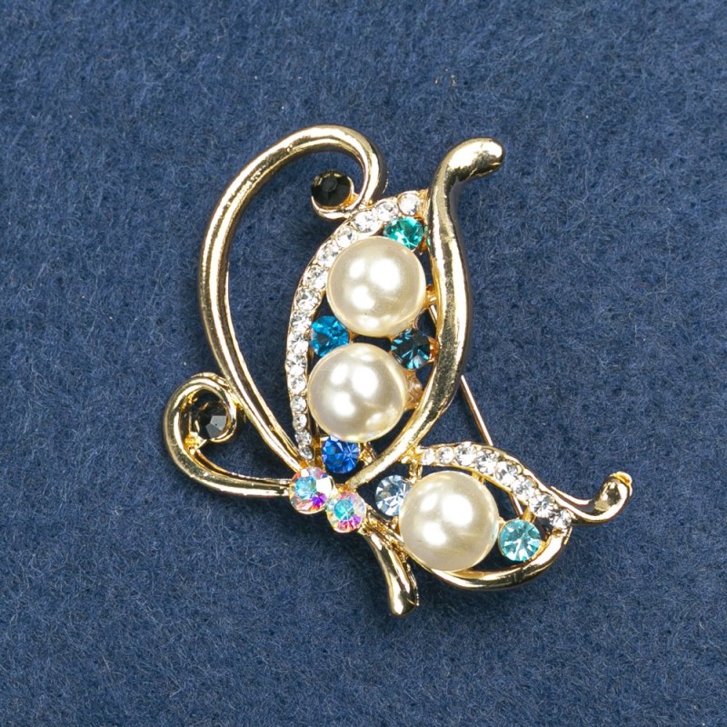 Brosche Schmetterlinge mit Perlen und Strass, goldfarbenes Metall 46×40 mm