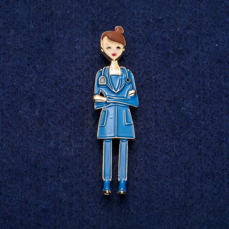 Brosche 'Krankenschwester' blaues Emaille, goldfarbenes Metall 17 × 66 mm