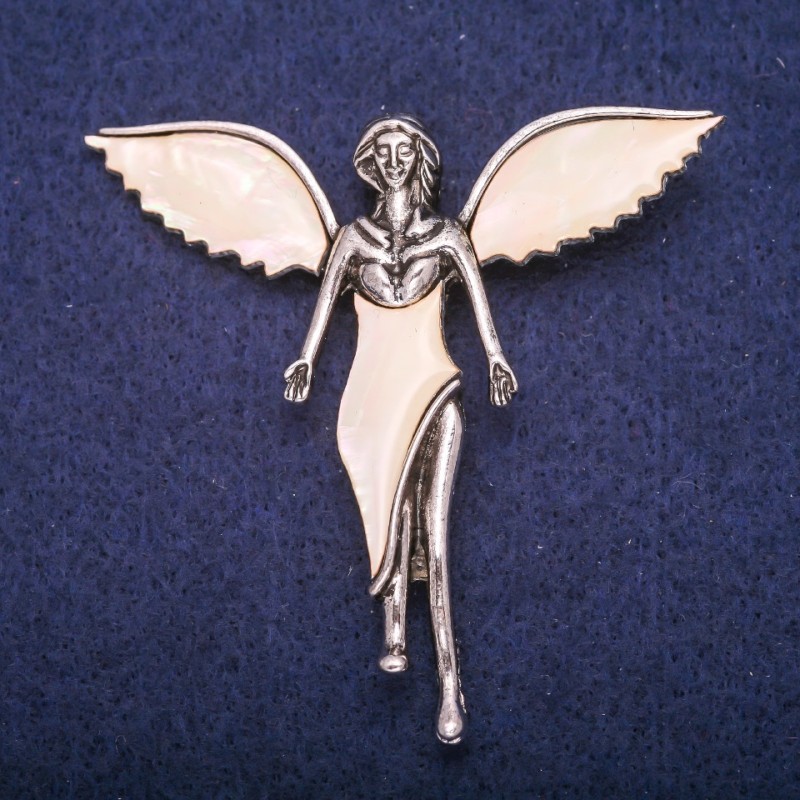 Brosche Engel mit Perlmutt-Einlage, silberfarbenes Metall 59×60 mm