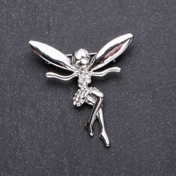Brosche Elfe in weißen Strasssteinen, 43×42 mm, Weißmetall