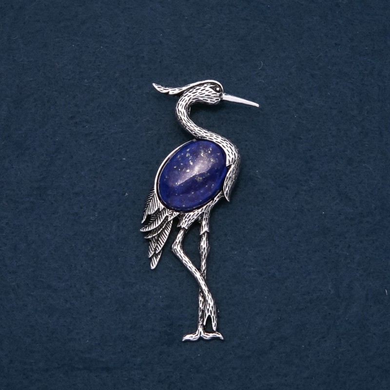 Brosche/Anhänger 'Reiher mit Lapislazuli', 80×30 mm