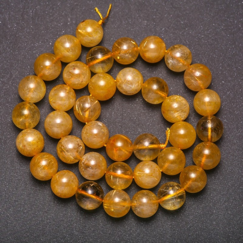 Perlen aus Naturstein Rutilquarz, glatte Kugeln, Durchmesser ca. 10 mm, Länge 38 cm