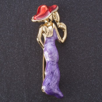 Brosche 'Dame mit Weinglas' rote und violette Emaille 'Metallic', Metallfarbe 'Gold' Serie Thema 5×2 cm