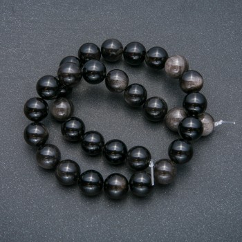 Naturstein-Perlen auf Schnur – Silberobsidian, glatte Kugeln, Durchmesser 12 mm, Länge ca. 39 cm
