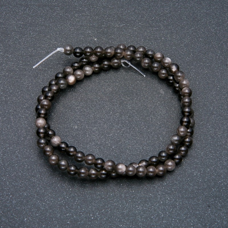 Perlen auf der Schnur, Naturstein, silberner Obsidian, glatte Kugel, Durchmesser 4 mm + -, Länge 39 cm +
