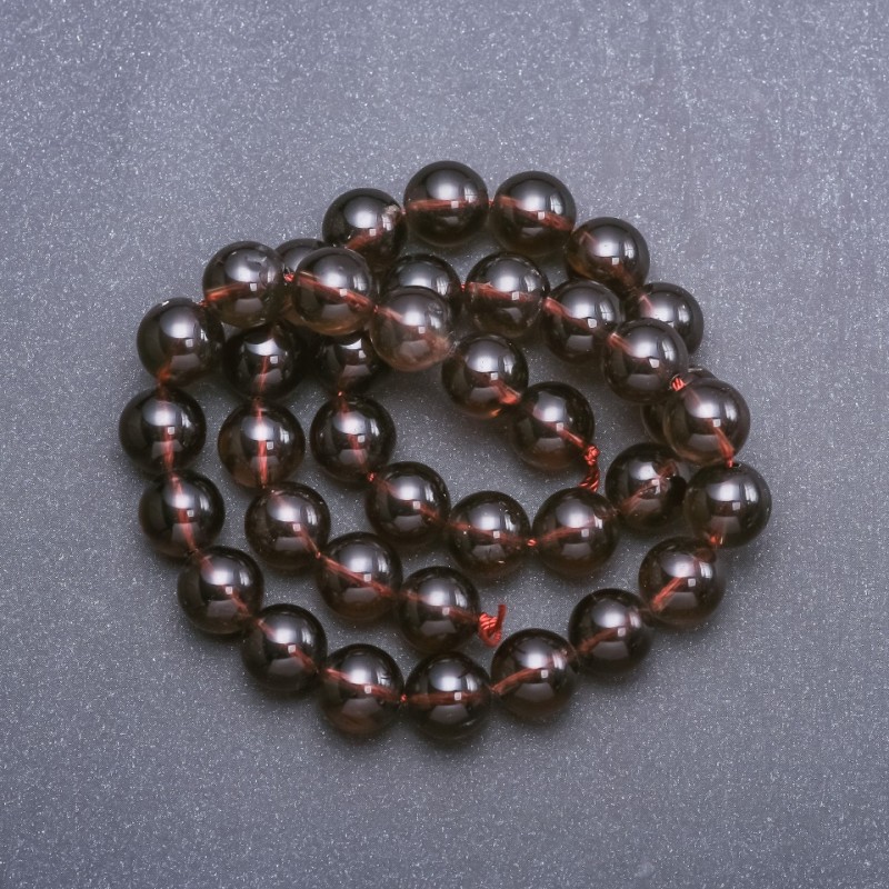 Rauchquarz-Perlen (künstlich) auf Schnur, glatte Kugeln, Durchmesser ca. 10 mm, Länge ca. 38 cm