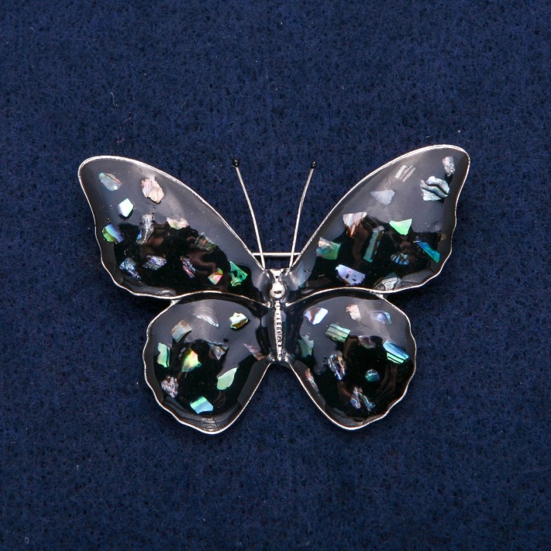 Brosche Schmetterling mit Haliotis und schwarzer Emaille, silberfarbenes Metall 40×55 mm