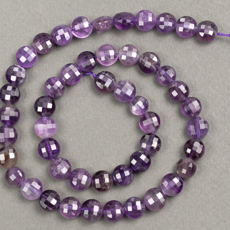 Schnur aus natürlichem Amethyst, facettierte Münzenform, Durchmesser 8 × 5 mm, Länge ca. 40 cm +
