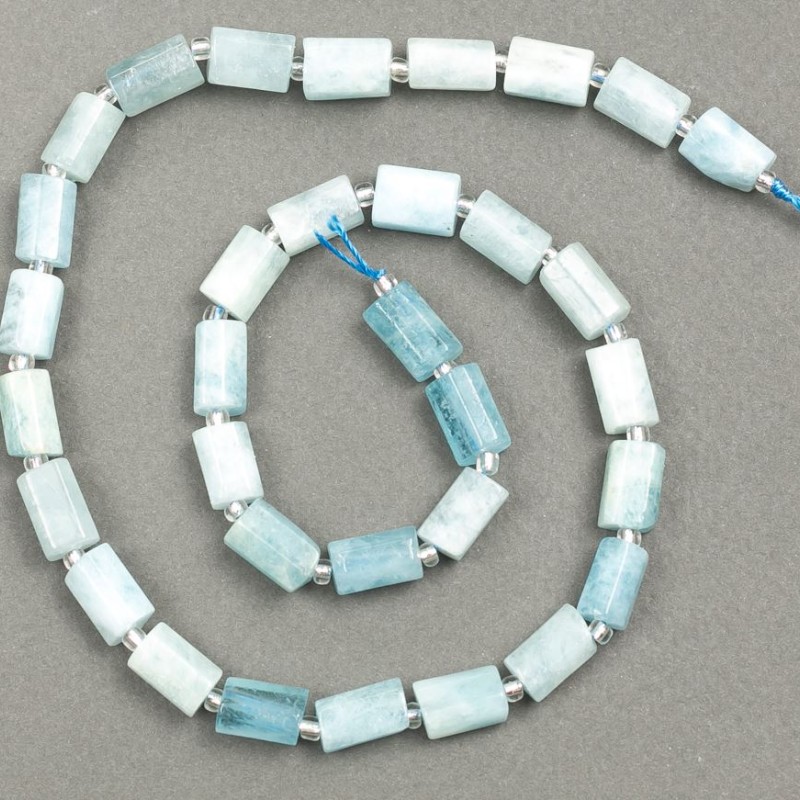Aquamarin-Naturstein-Perlen, facettiert, 10×6 mm, auf Schnur, Länge ca. 40 cm (+/-) (mit Seed-Beads 3×2 mm)