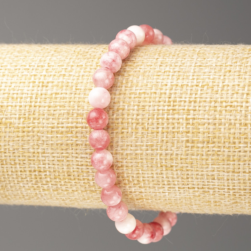 Armband Erdbeer-weißer ozeanischer Nephrit (künstliches Acryl), Durchmesser 6 mm ±, Länge ca. 18 cm ±, glatte Kugeln auf Elastikband