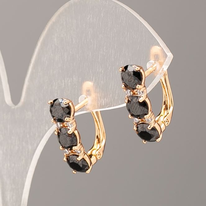Ohrringe Xuping mit schwarzem Stein und weißen Strasssteinen, 17 x 5 mm, 18K-Vergoldung