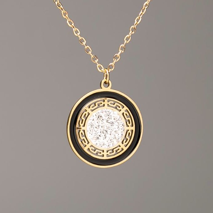 Xuping-Kette mit Zitronenvergoldung und Anhänger, Durchmesser ca. 18 mm, (schwarze Emaille, weiße Strasssteine), Länge ca. 46–52 cm, Dicke ca. 1,5 mm