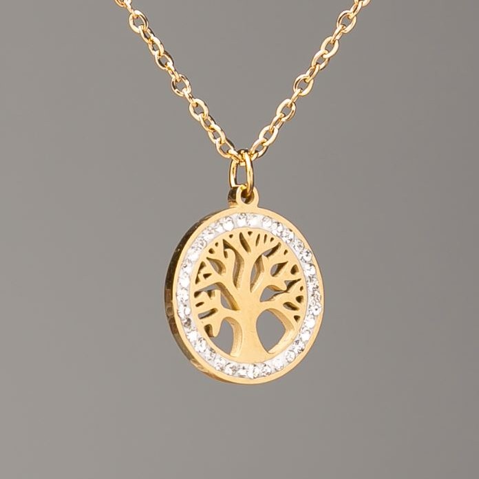 Kette von Xuping mit Zitronengold-Vergoldung, Anhänger 'Baum', Durchmesser 14 mm ± (weiße Strasssteine), Länge 39–44 cm ±, Dicke 1 mm ±