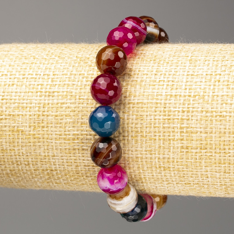 Vielfarbiges Achat-Armband, Naturstein, facettierte Kugeln, Durchmesser ca. 10 mm, Länge 18 cm (Stretch)