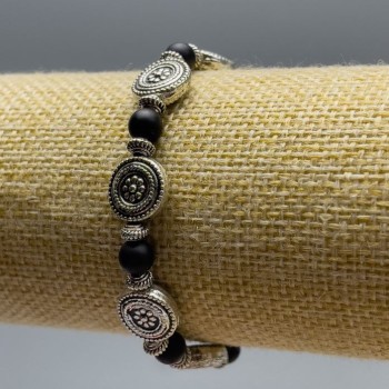 Armband aus mattem Schungit (Einzelstück) – glatte Kugeln, Durchmesser 6 mm ±, Länge 18 cm (Stretch) mit silbernen Einsätzen, Durchmesser 11 × 4 mm