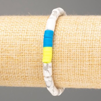 Armband Ukraine aus Howlith, natürlichem Stein, zylindrische Perlen ca. 10×6 mm, und Polymerclay, Länge 18 cm (Elastikband)