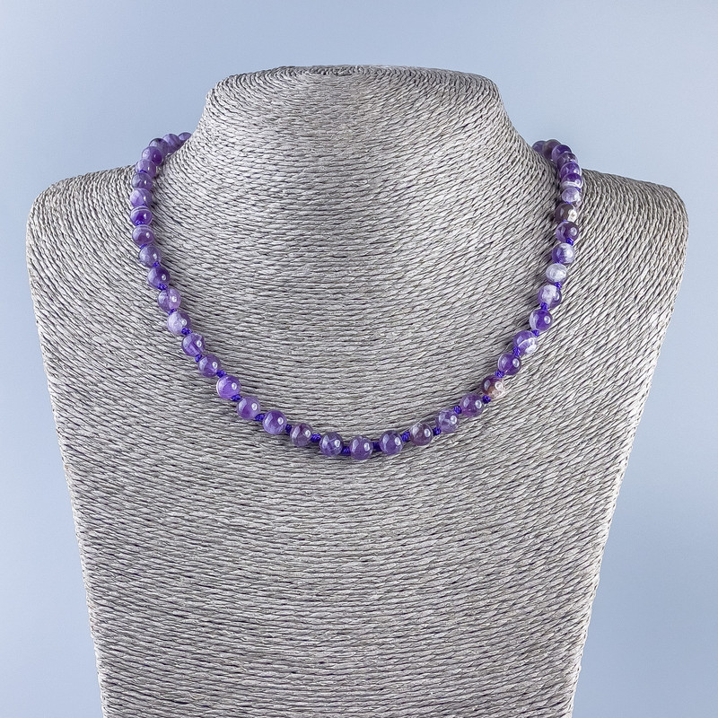 Halskette aus natürlichem Amethyst – glatte Kugeln, Durchmesser ca. 6,5 mm, Länge ca. 48 cm