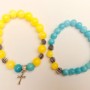 Armband „Ukraine“ Paar-Set Aquamarin, Citrin (Acryl) glatte Kugeln mit silbernen Einsätzen auf Elastikband, Länge 18 cm+