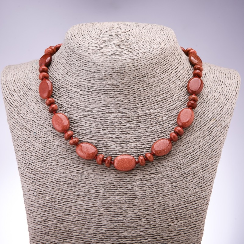 Halskette aus synthetischem Aventurin (Goldener Sand) flache Ovalperlen, Maße 13×18 mm, Rondell-Durchmesser 9×6 mm, Länge 45 cm