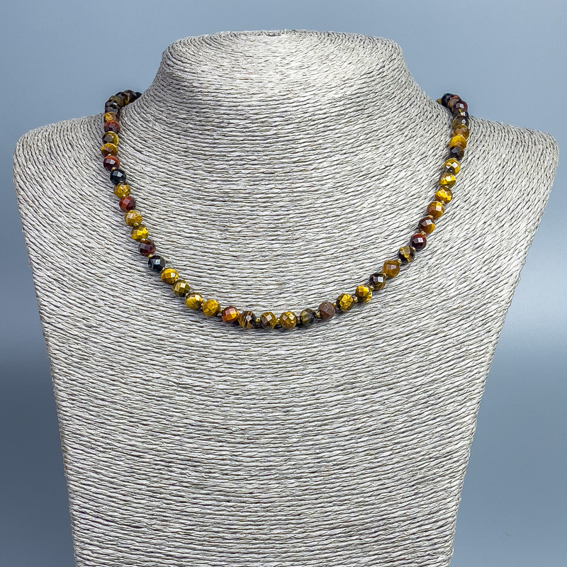 Kette aus Tigerauge, Ochsenauge und Falkenauge, facettierte Kugeln, Durchmesser 6 mm, Länge 46 cm +