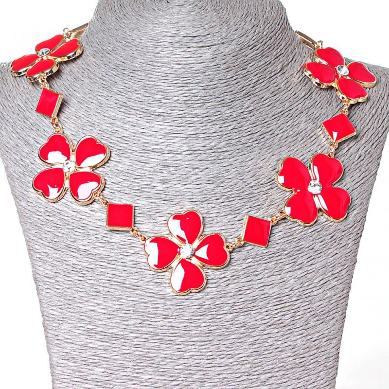 Kette mit Rhombusformen und Herzblüten, Goldfarbe und roter Glanz